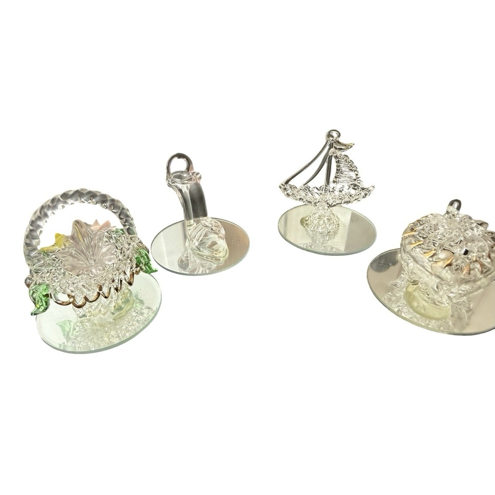 Lot of 4 spun glass figures flower basket pearl trinket shoe sailboat